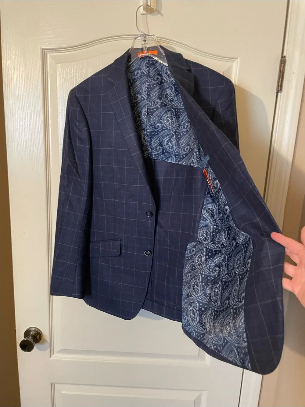 TALLIA Mens Blazer 38R Navy Windowpane Wool Silk Sport Coat Paisley Linin